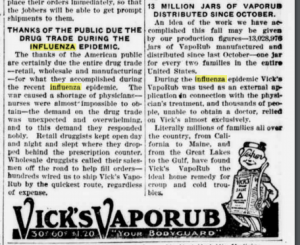 Vick's VapoRub advertisement and public thank you note printed in the Meeteetse News pg. 7 on March 21, 1919. 
