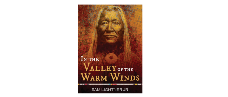 Book cover for "In the Valley of the Warm Winds" by Sam Lightner Jr. featuring warm-toned abstract background with flowing shapes and a central circular motif. Title text in large white and yellow fonts contrasts with dark brown and orange hues, creating an inviting and artistic visual.